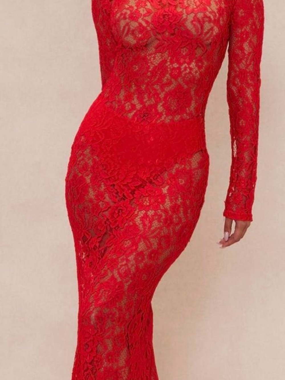 Fashion Nova Red Long-Sleeve Lace Gown